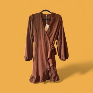 Brown Wrap Dress with Ruffle Hem